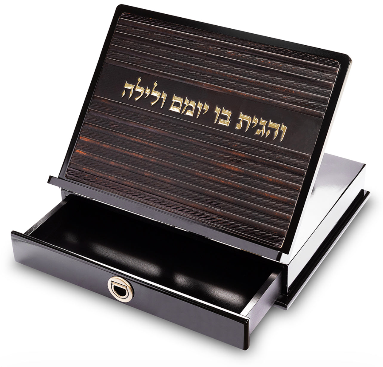 סטנדר מהודר עם פלקטה דמוי עור ומגירה נפתחת