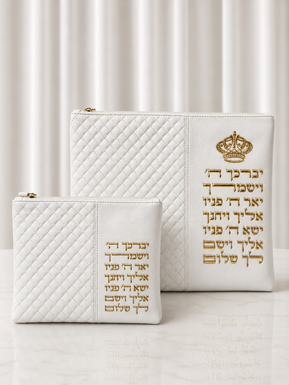 סט כיסויים לטלית ותפילין עם כיתוב מובלט זהב דמוי עור דגם ״ויברך״