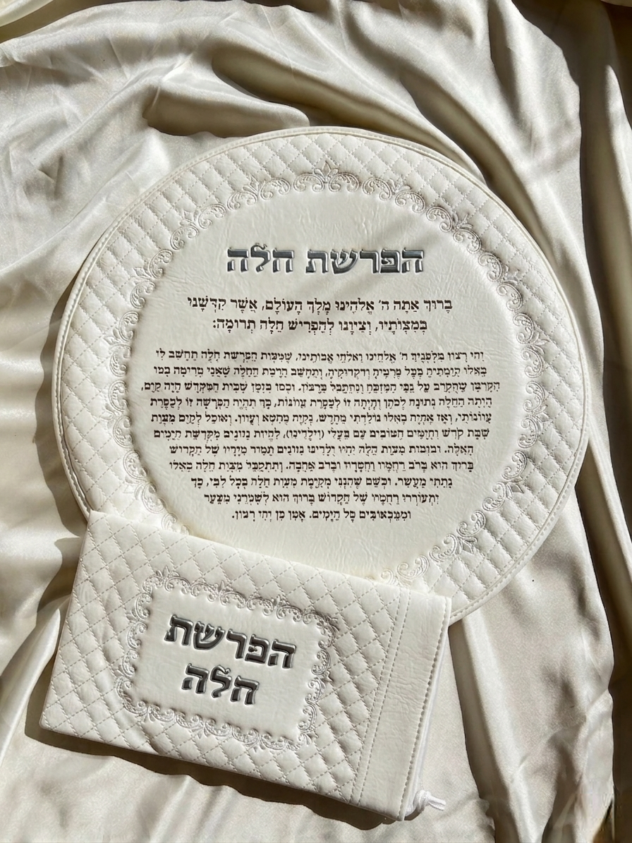 סט כיסוי להפרשת חלה מהודר לבן ״אותיות בולטות״ צבע כסף