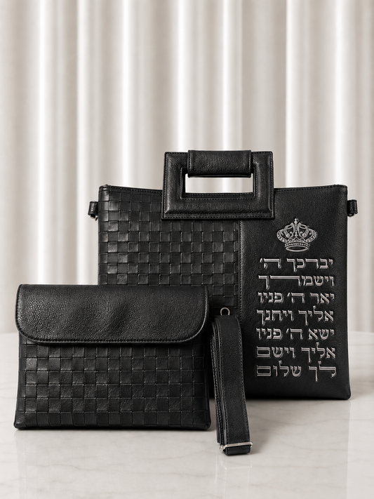 סט כיסויים לטלית ותפילין דמוי עור שחור דגם ״ויברך״