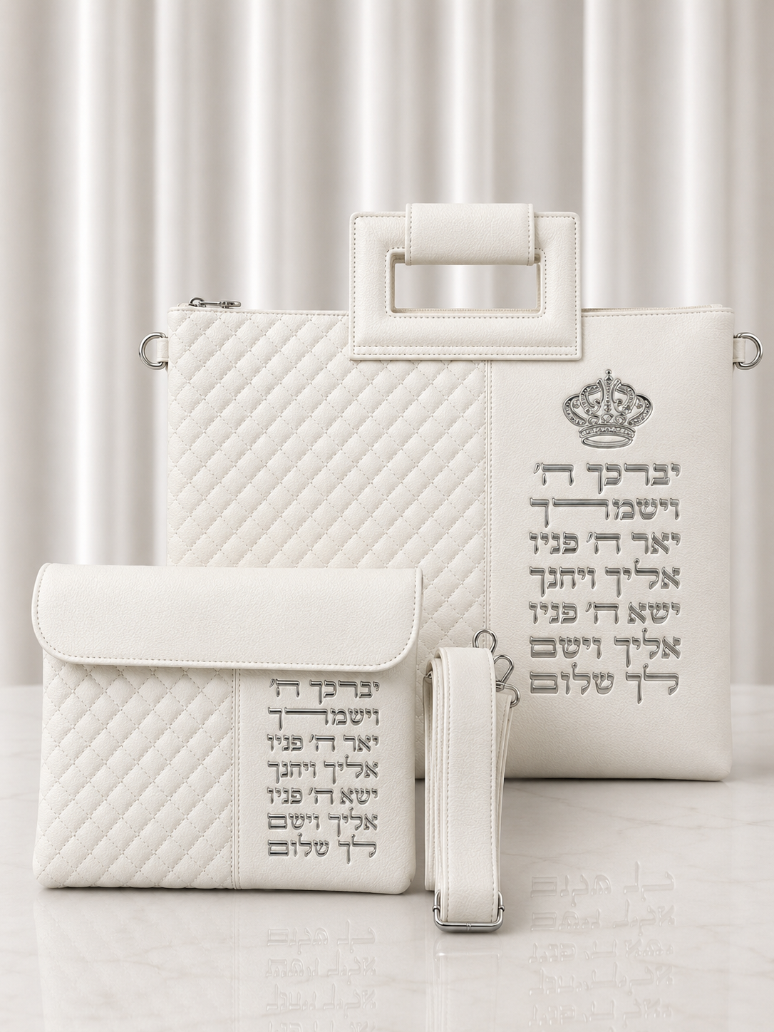 סט כיסויים לטלית ותפילין צבע לבן אותיות בולטות דגם ״ויברך״