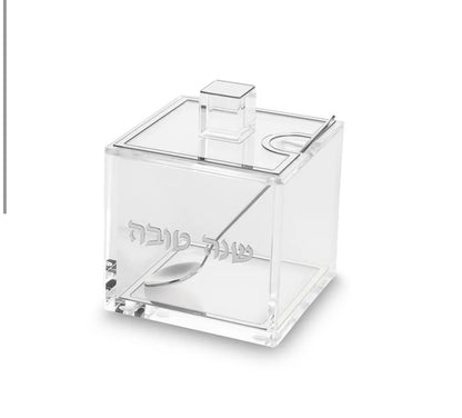 כלי מהודר לדבש עם כפית דגם ריבוע -כסף