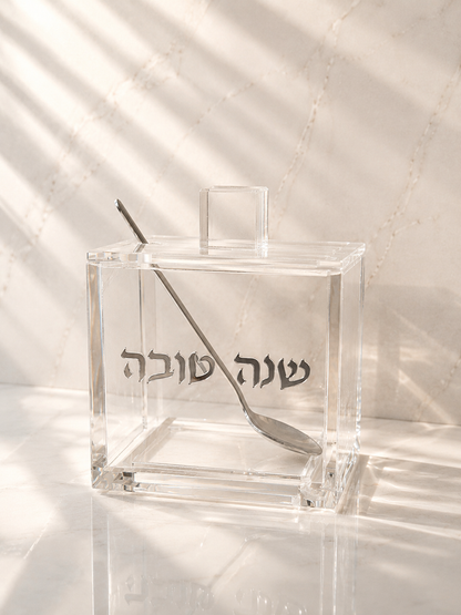 כלי מהודר לדבש עם כפית דגם ריבוע -כסף