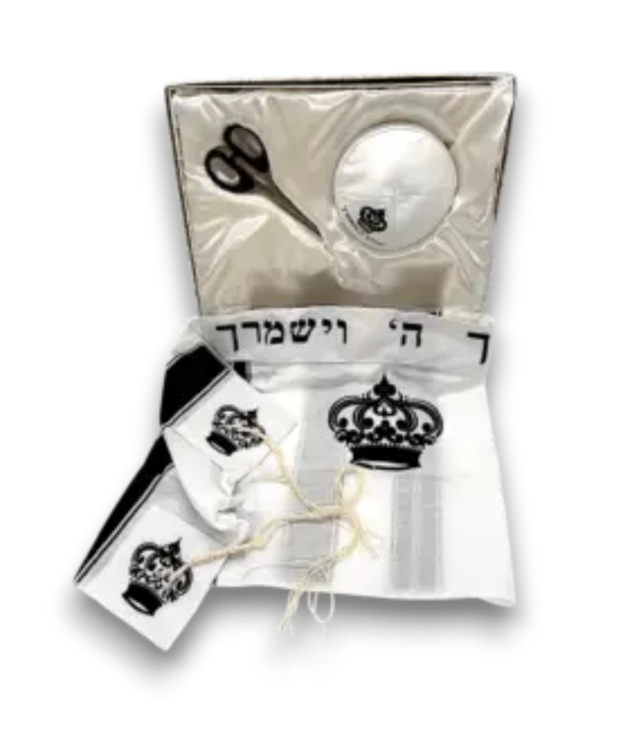 סט לחאלקה שלושה חלקים עם עטרה ופינות רקומות -״יברך השם״ שחור